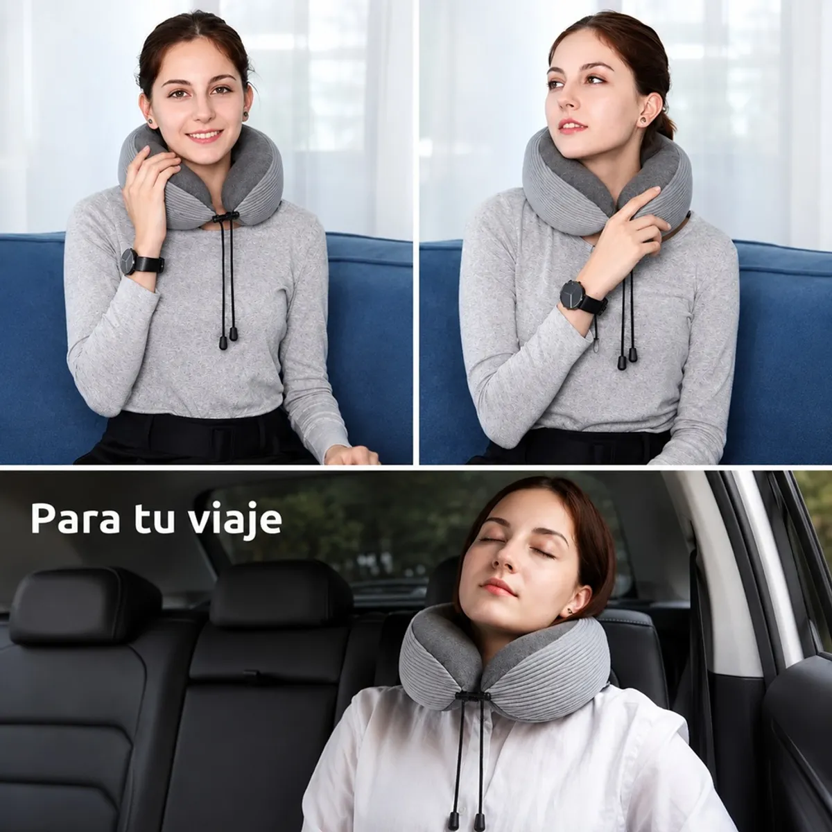 Kit viaje: cojín cuello color GRIS, espuma viscoelástica + tapaoídos + tapaojos + bolsa cierre cordón. - 5