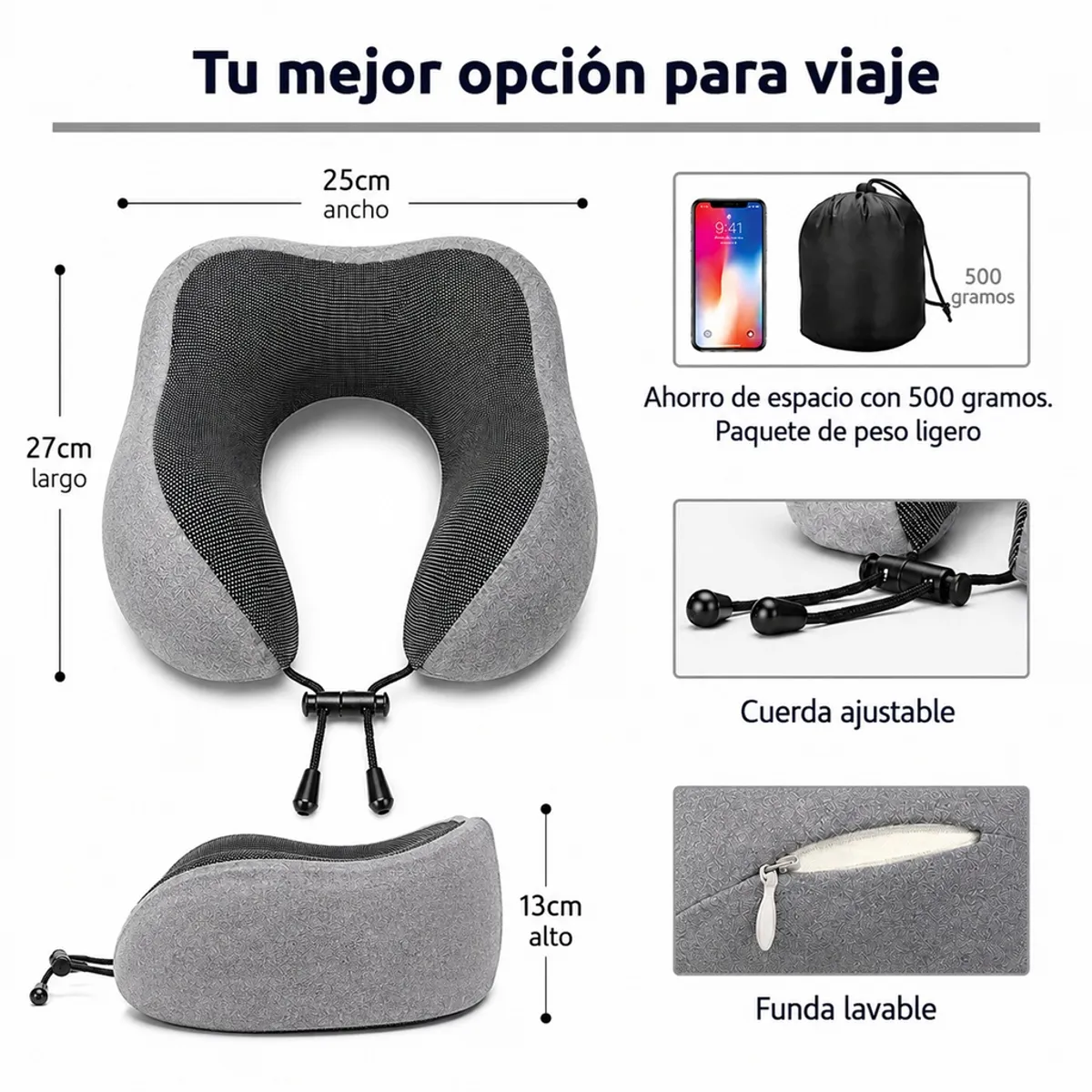 Kit viaje: cojín cuello color GRIS, espuma viscoelástica + tapaoídos + tapaojos + bolsa cierre cordón. - 6