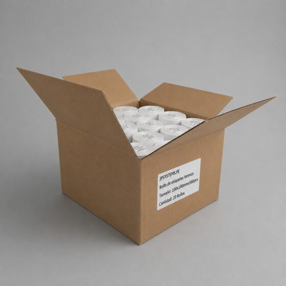 CAJA DE 20 ROLLOS DE 500 ETIQUETAS ADHESIVAS TÉRMICAS DE 100X100MM, TD BLANCO, TUCO DE 1 PULGADA. - 1