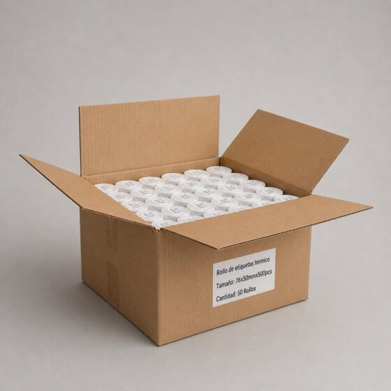 CAJA DE 50 ROLLOS DE 500 ETIQUETAS ADHESIVAS TÉRMICO DIRECTO 76X50MM TD BLANCO - 1