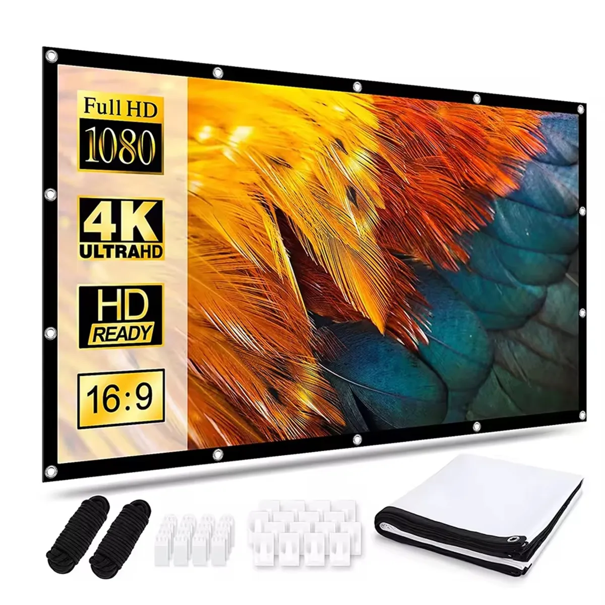 ECRAN PANTALLA PARA PROYECCIÓN DE TELA POLIÉSTER DE 100 PULGADAS, BLANCO LAVABLE + FIJADORES. - 1