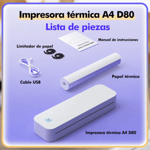 IMPRESORA PORTÁTIL TÉRMICA A4 USB BLUETOOTH D80 CON 1 ROLLO IMPRIME GUIAS ELECTRONICAS 304DPI - 6
