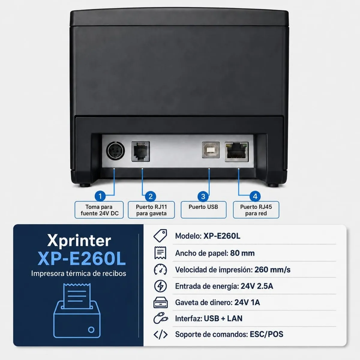 IMPRESORA TICKETERA TÉRMICA DE ESCRITORIO USB LAN BLUETOOTH E260L, TICKETS ANCHO 80MM, XPRINTER. - 2