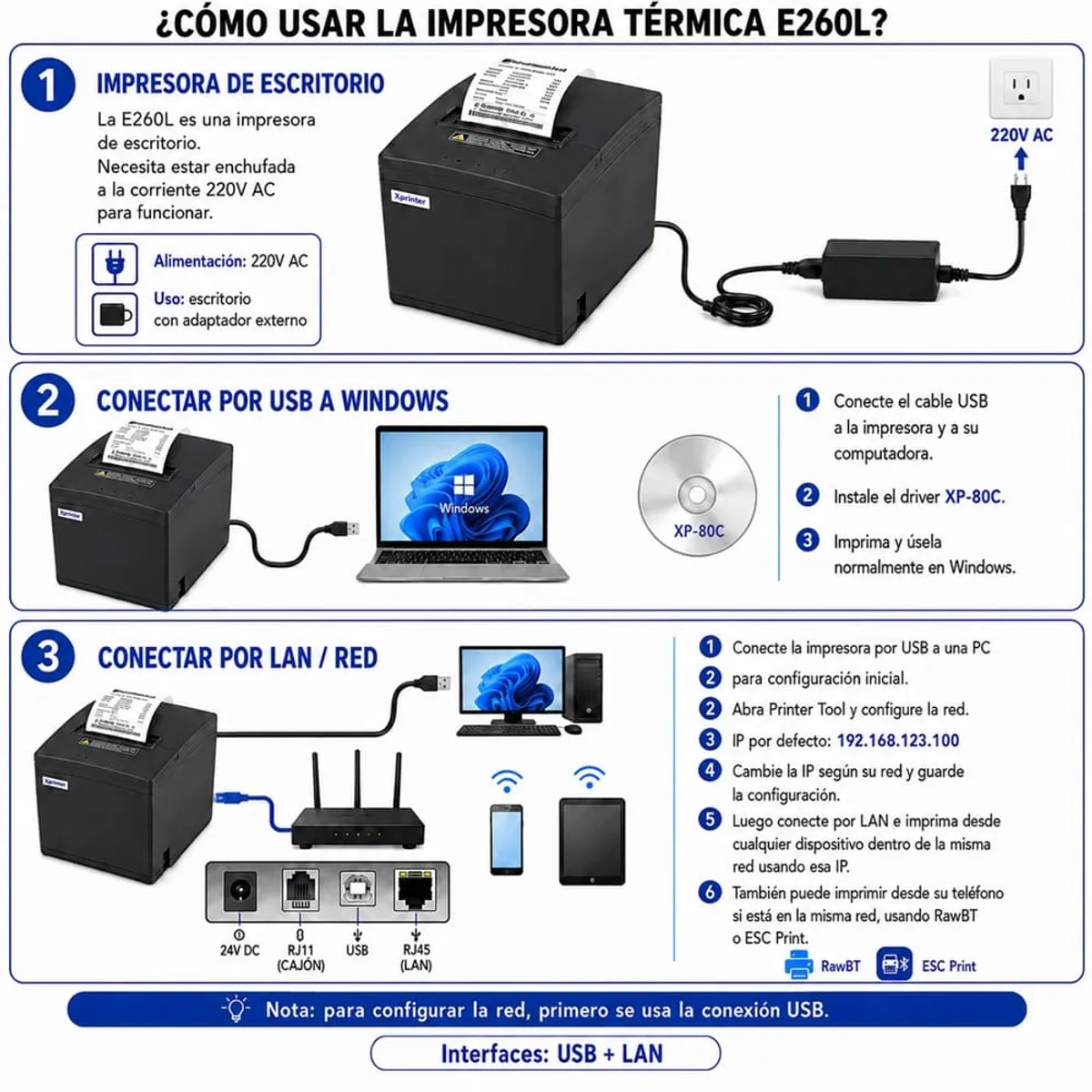IMPRESORA TICKETERA TÉRMICA DE ESCRITORIO USB LAN BLUETOOTH E260L, TICKETS ANCHO 80MM, XPRINTER. - 4