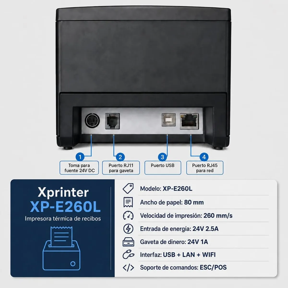 IMPRESORA TICKETERA TÉRMICA DE ESCRITORIO USB LAN WIFI E260L XPRINTER, TICKETS DE 80MM ANCHO RJ11 - 2