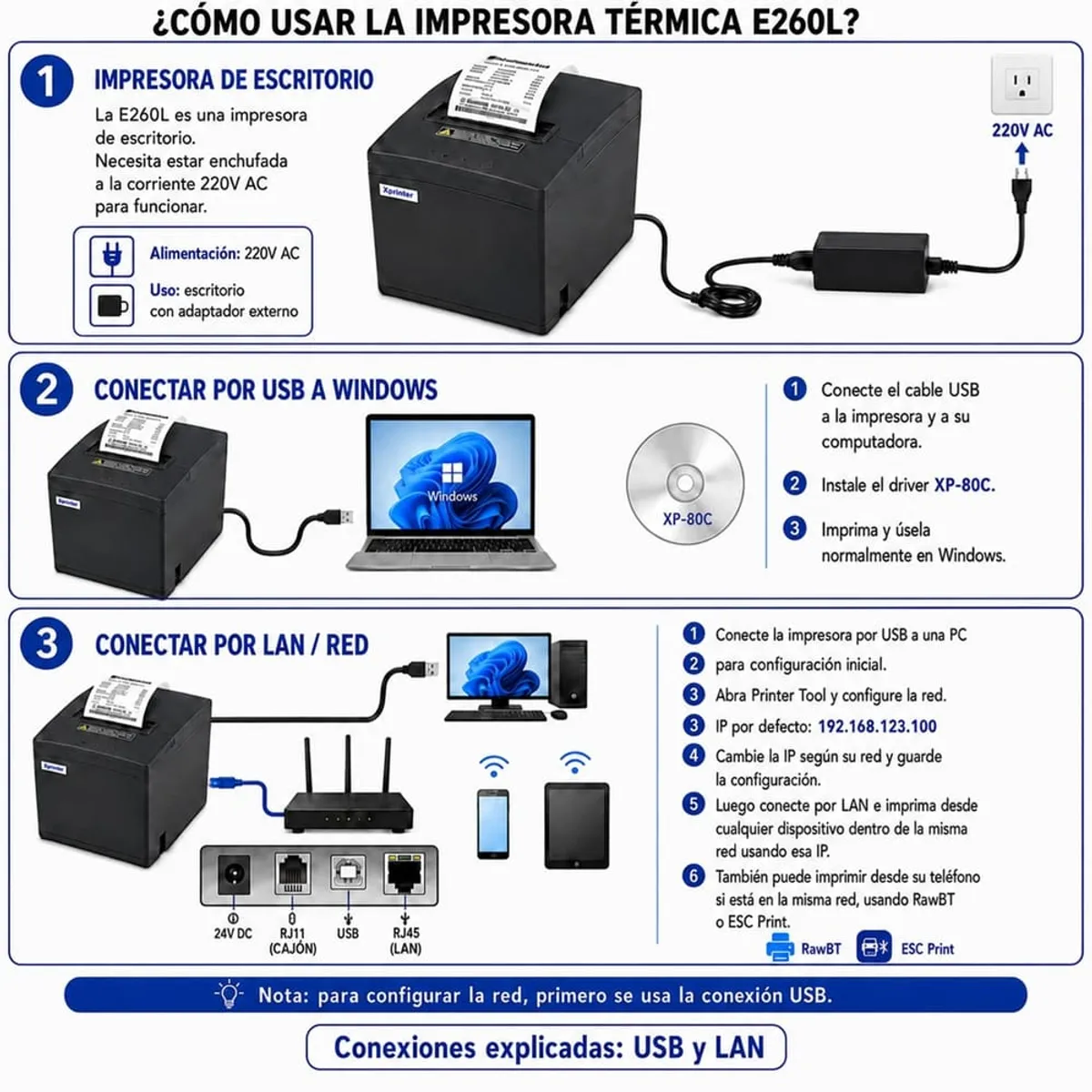 IMPRESORA TICKETERA TÉRMICA DE ESCRITORIO USB LAN WIFI E260L XPRINTER, TICKETS DE 80MM ANCHO RJ11 - 6