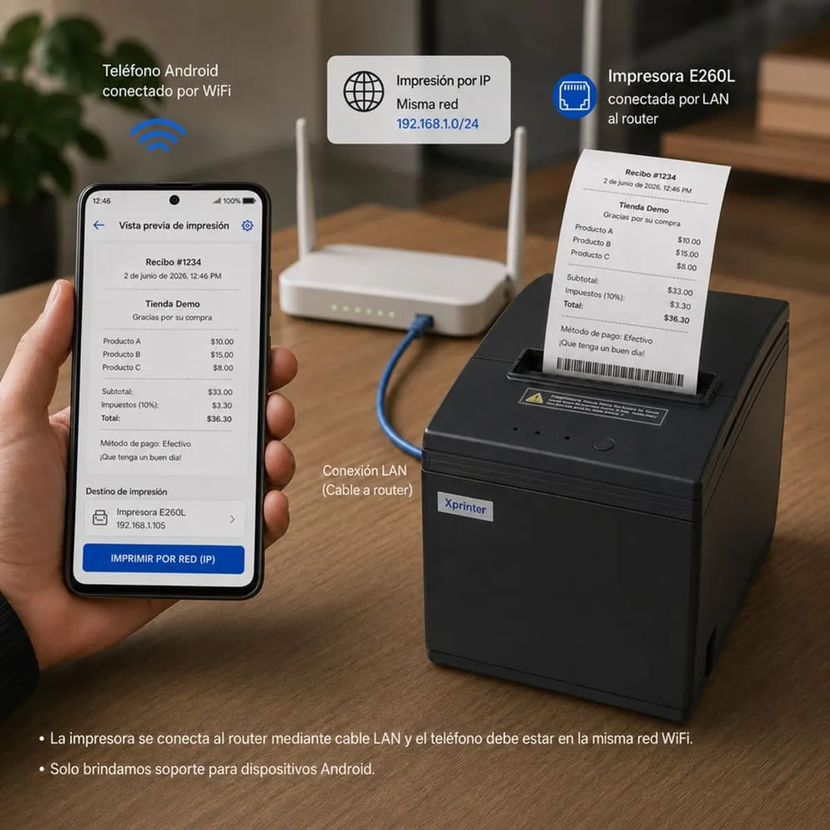 IMPRESORA TICKETERA TÉRMICA DE ESCRITORIO USB LAN WIFI E260L XPRINTER, TICKETS DE 80MM ANCHO RJ11 - 7