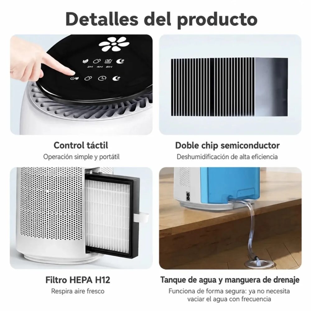 PURIFICADOR DE AIRE CON DESHUMEDECEDOR CUBRE 20 M², TANQUE 700ML TEMPORIZADOR, MODO SLEEP, BOTÓN TÁCTIL. - 2
