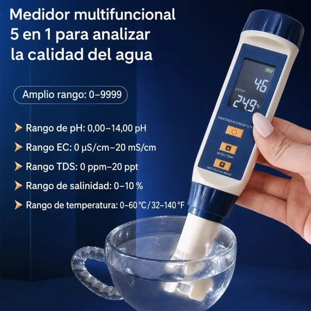 MEDIDOR DE CALIDAD DE AGUA 5 EN 1: PH, EC, TDS, SALINIDAD, TEMPERATURA LY701 - 3