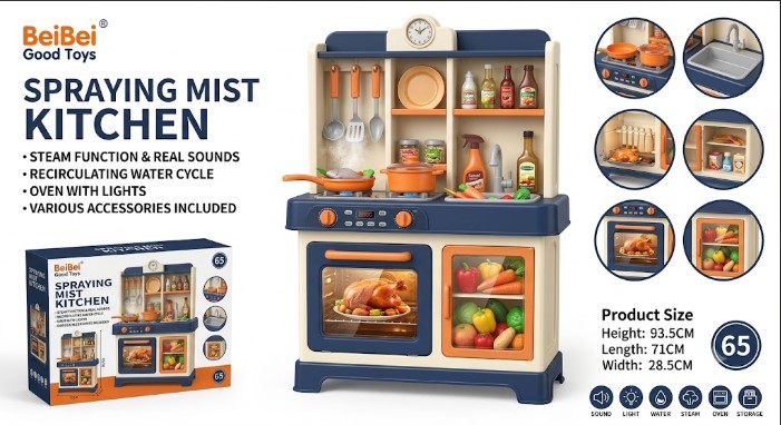 COCINA DE JUGUETE INFANTIL 'SPRAYING MIST KITCHEN' CON VAPOR, AGUA REAL Y LUZ (65 PIEZAS) - GRAN TAMAÑO 93.5 CM - 1