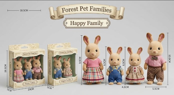 SET FAMILIA DE CONEJITOS CLÁSICOS DE TERCIOPELO 'FOREST PET FAMILIES: HAPPY FAMILY' - FIGURAS COLECCIONABLES (4 PIEZAS) - 1