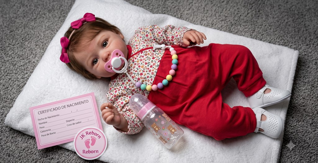 MUÑECA BEBÉ REBORN REALISTA CON OJOS ABIERTOS - SET CONJUNTO ROJO FLORAL, LAZO ROSA Y ACCESORIOS 60CM - 1