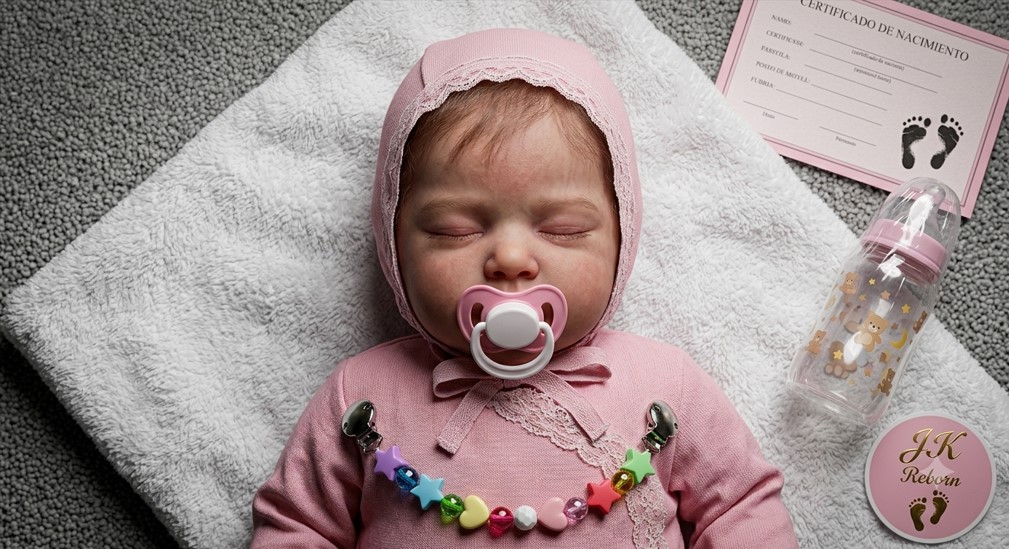 MUÑECA BEBÉ REBORN REALISTA (NIÑA DURMIENDO) - SET CLÁSICO ROSADO CON CAPUCHA Y ACCESORIOS (LÍNEA JK REBORN) - 1