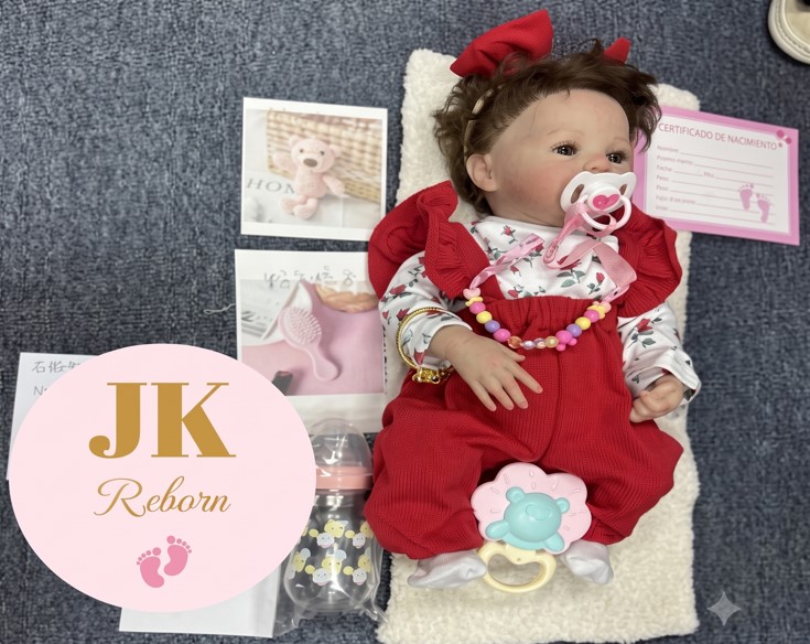 MUÑECA BEBÉ REBORN REALISTA DESPIERTA - SET OVEROL ROJO CON BLUSA FLORAL, DIADEMA Y PULSERA DORADA - 1