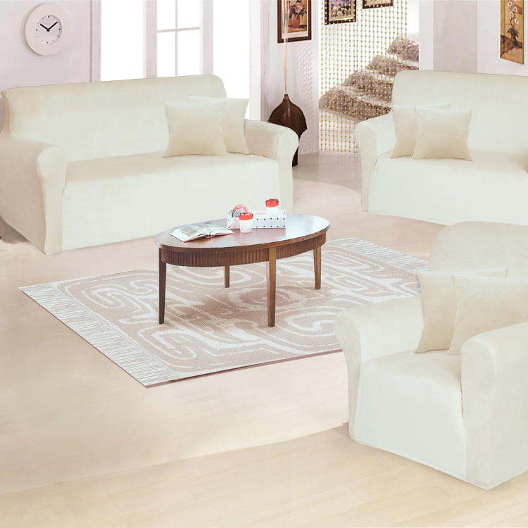 FUNDA SALA FABULOSA MUEBLE TERCIOPELO LISO 3 2 1 CON 6 COJÍN CREMA - 2