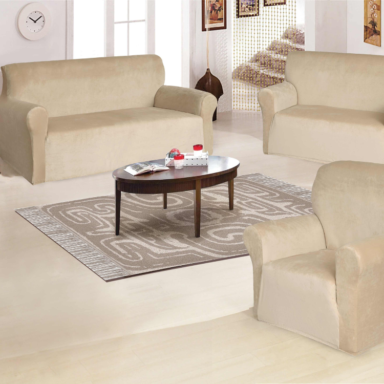 FUNDA SALA FABULOSA MUEBLE TERCIOPELO LISO 3 2 1 CON 6 COJÍN BEIGE NUDE - 2
