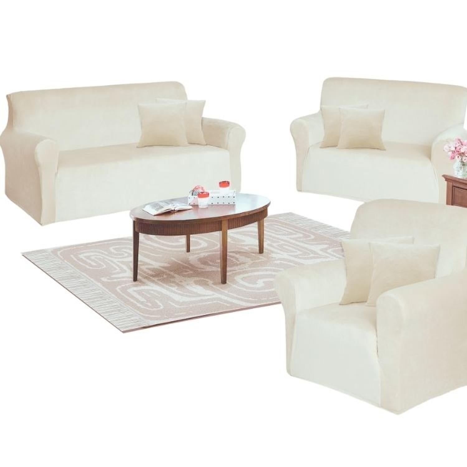 FUNDA DE MUEBLE 3-2-1 EN TERCIOPELO LISO CON 6 FUNDAS DE COJINES - CREMA - 1