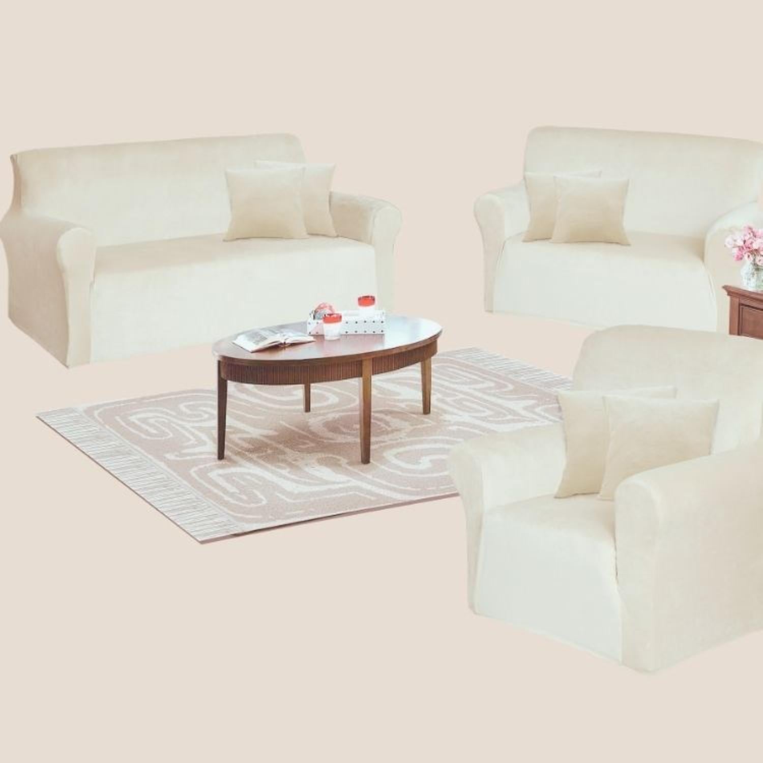 FUNDA DE MUEBLE 3-2-1 EN TERCIOPELO LISO CON 6 FUNDAS DE COJINES - CREMA - 2