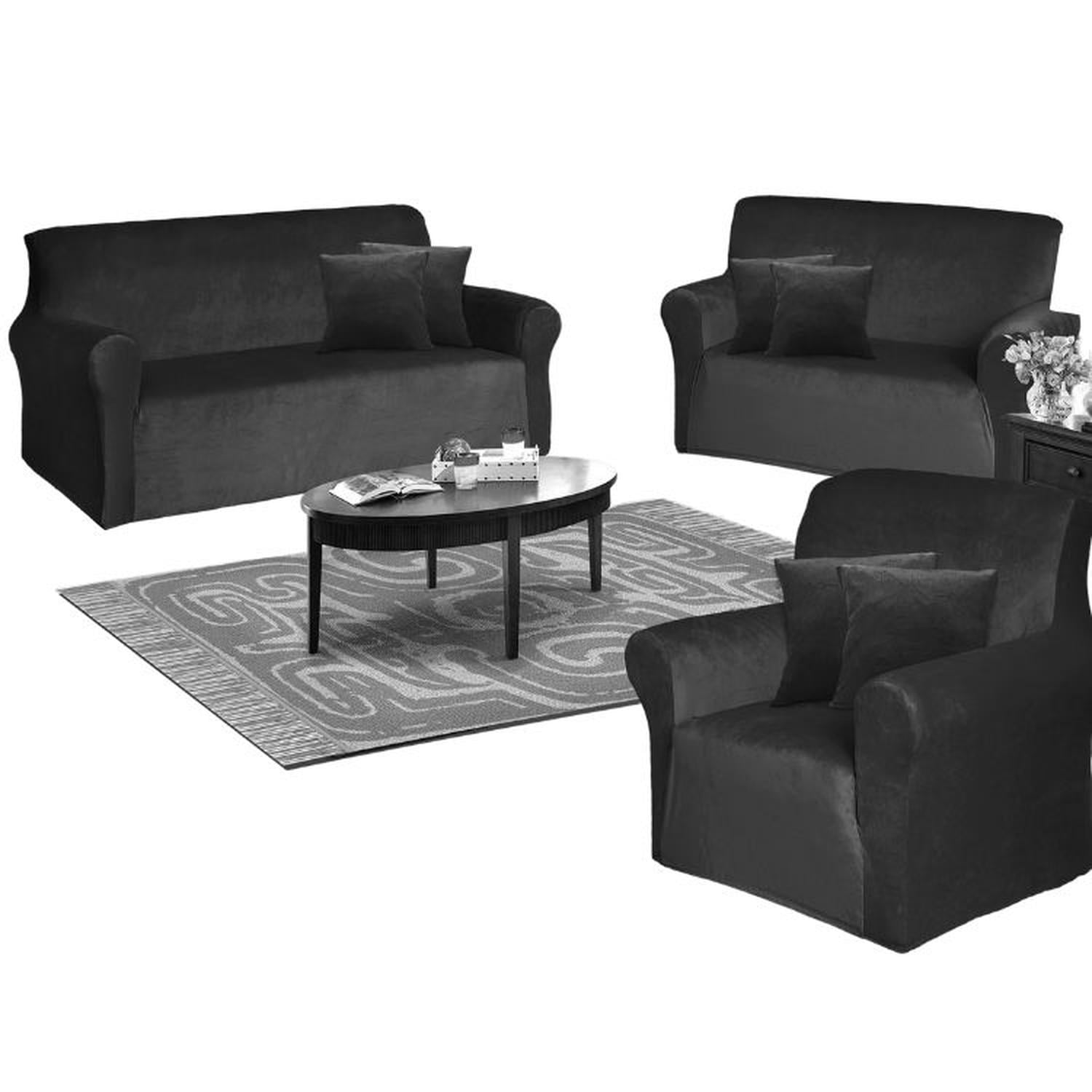 FUNDA DE MUEBLE 3-2-1 EN TERCIOPELO LISO CON 6 FUNDAS DE COJINES - NEGRO - 1