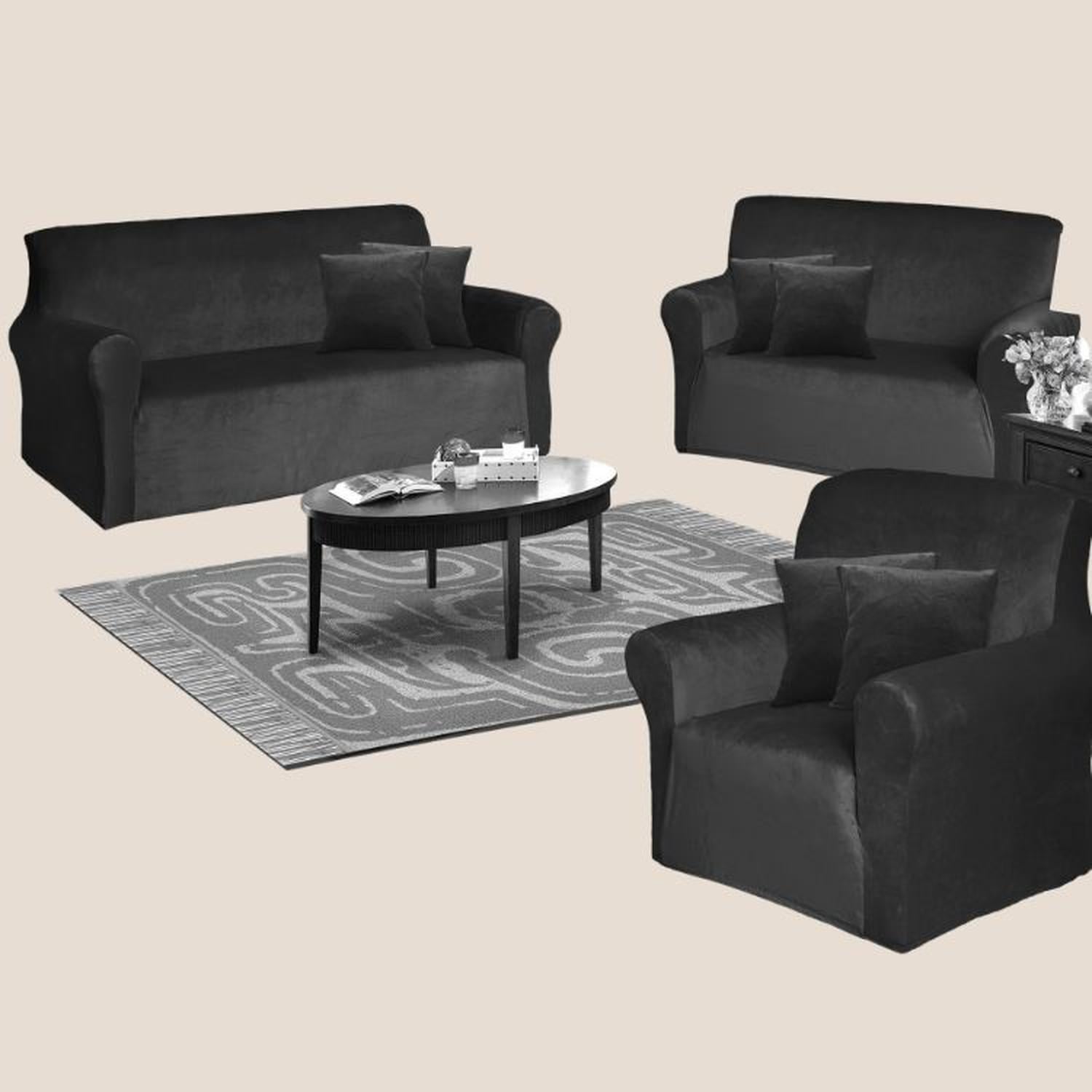 FUNDA DE MUEBLE 3-2-1 EN TERCIOPELO LISO CON 6 FUNDAS DE COJINES - NEGRO - 2