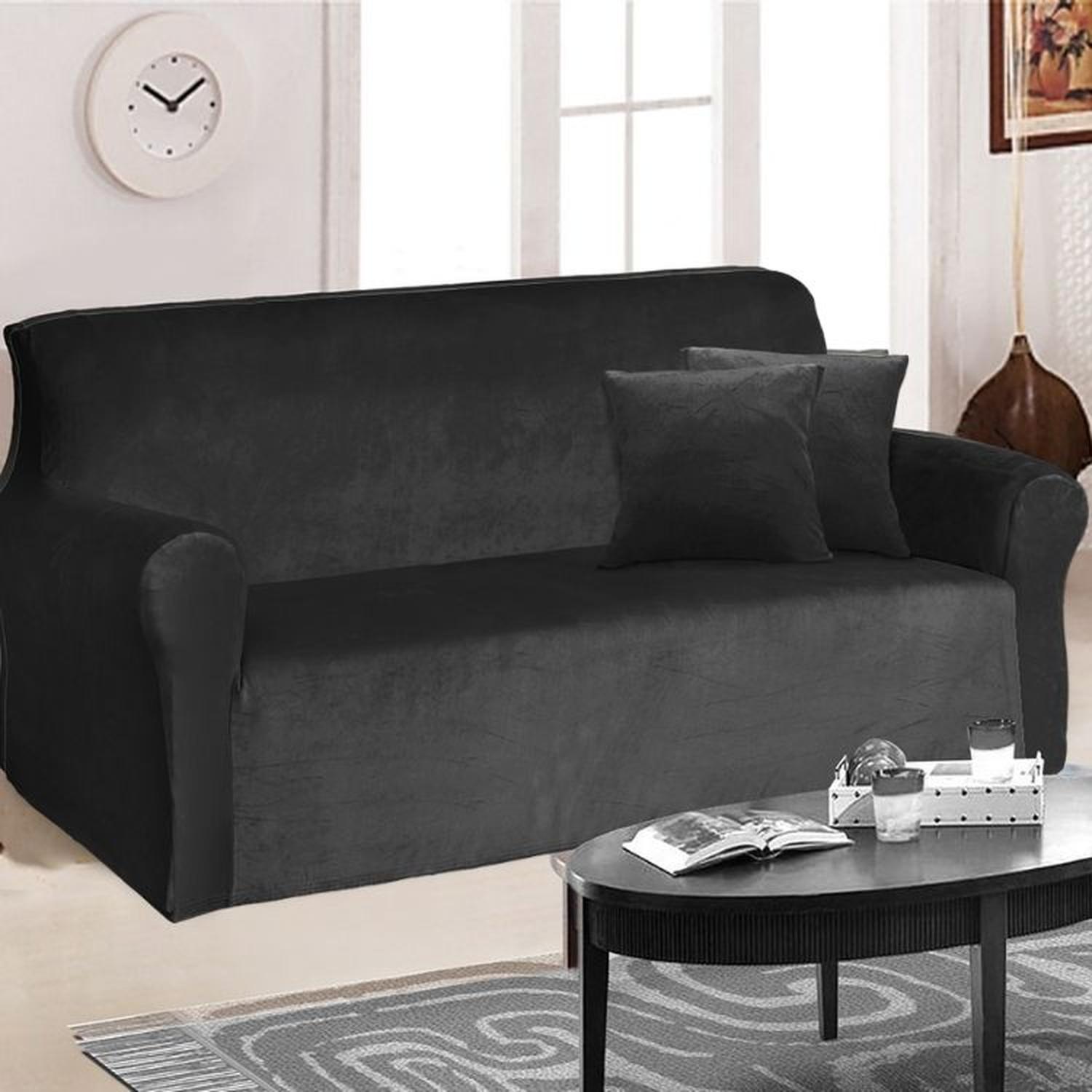 FUNDA DE MUEBLE 3-2-1 EN TERCIOPELO LISO CON 6 FUNDAS DE COJINES - NEGRO - 3