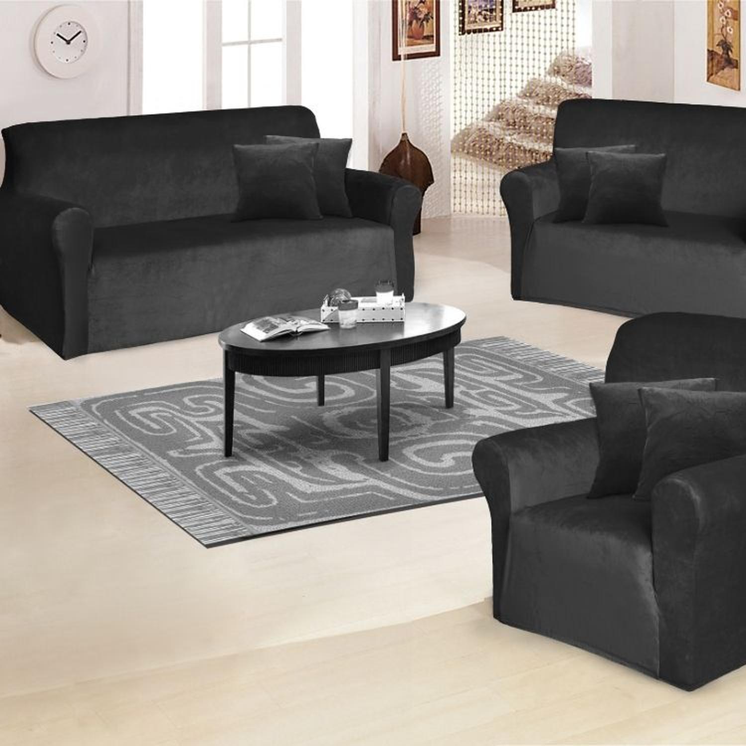 FUNDA DE MUEBLE 3-2-1 EN TERCIOPELO LISO CON 6 FUNDAS DE COJINES - NEGRO - 4
