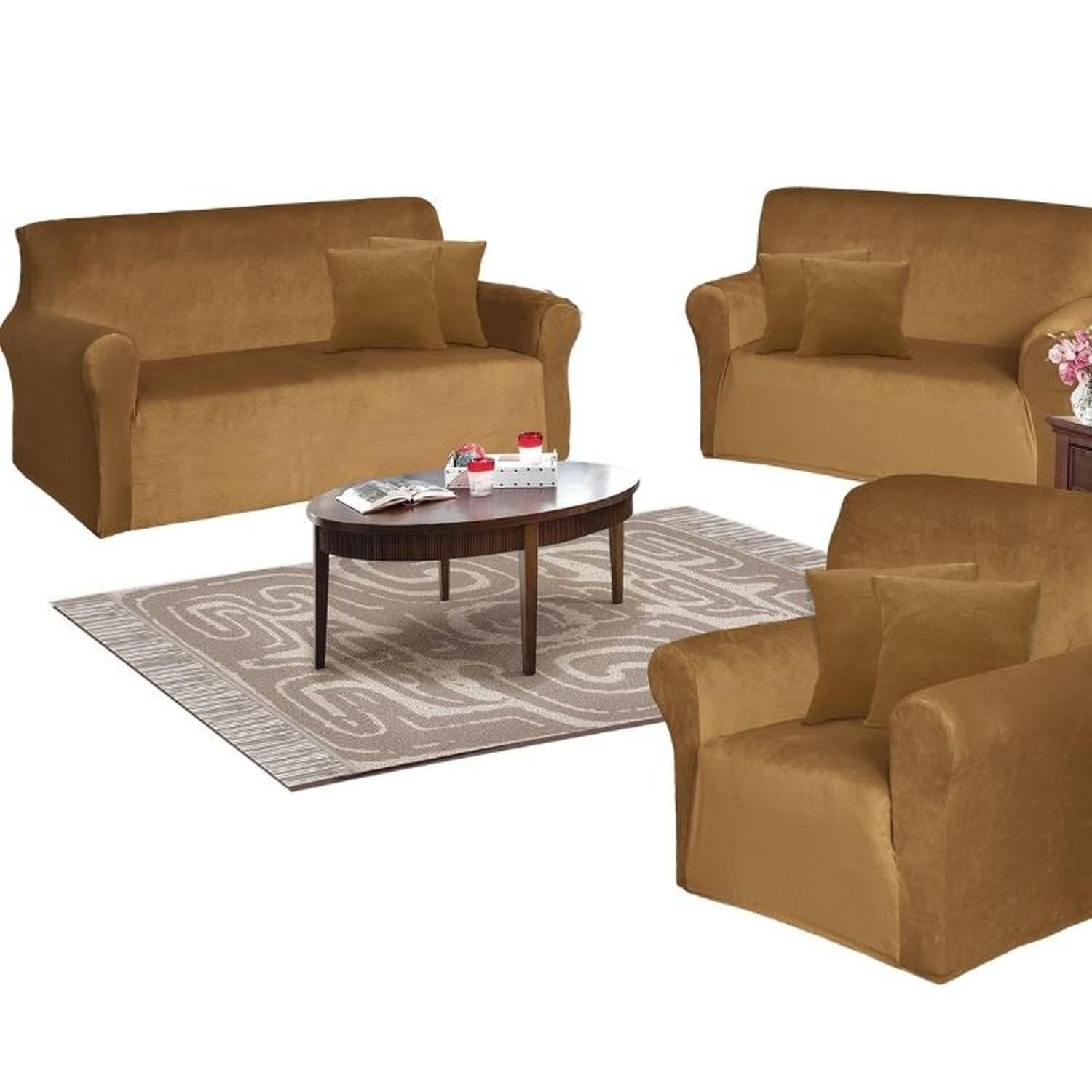 FUNDA DE MUEBLE 3-2-1 EN TERCIOPELO LISO CON 6 FUNDAS DE COJINES - CAMEL - 1