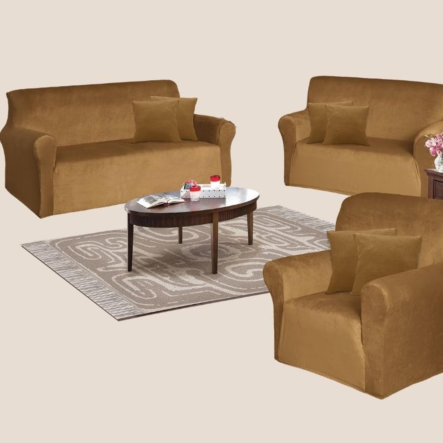 FUNDA DE MUEBLE 3-2-1 EN TERCIOPELO LISO CON 6 FUNDAS DE COJINES - CAMEL - 2