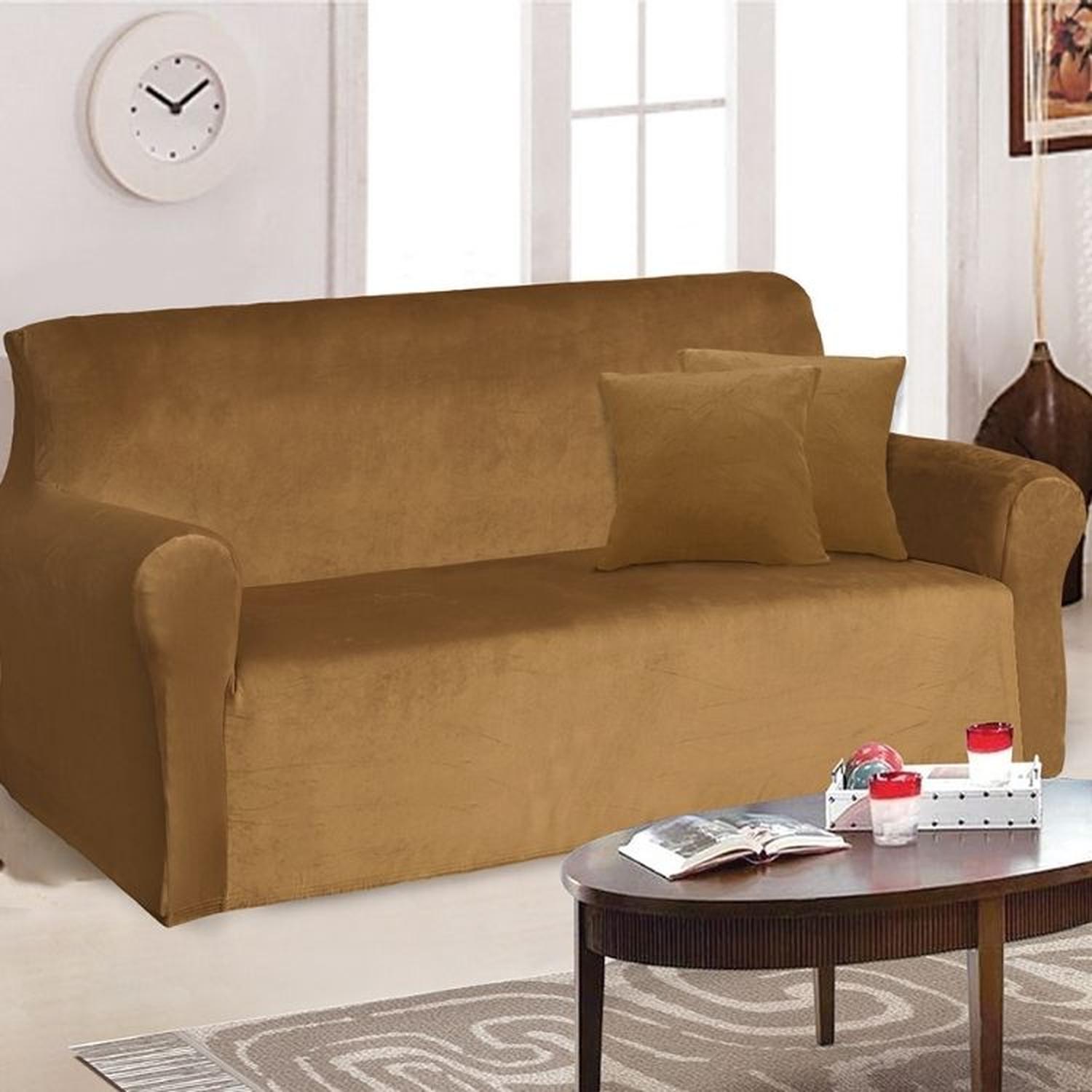 FUNDA DE MUEBLE 3-2-1 EN TERCIOPELO LISO CON 6 FUNDAS DE COJINES - CAMEL - 3