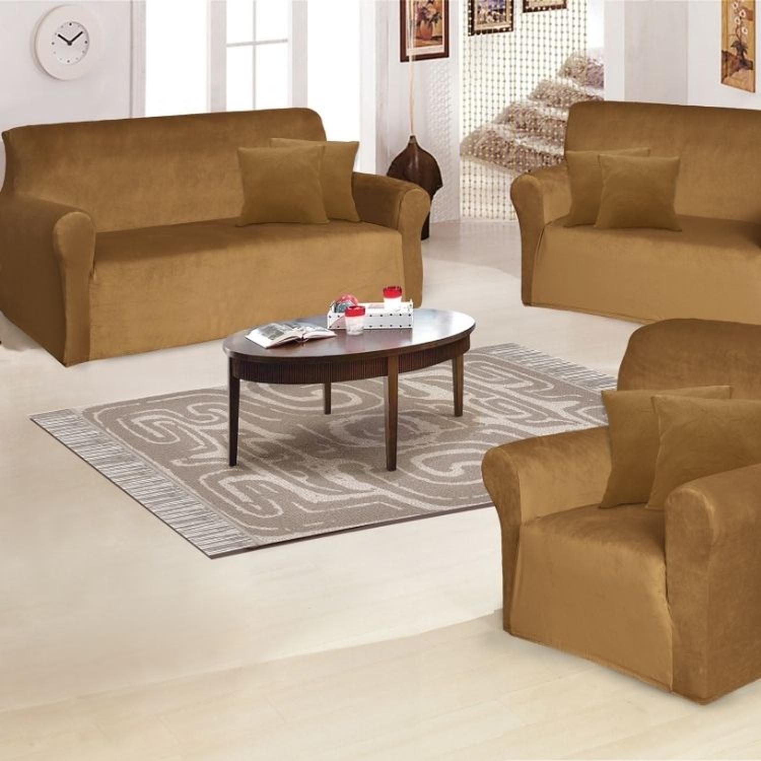 FUNDA DE MUEBLE 3-2-1 EN TERCIOPELO LISO CON 6 FUNDAS DE COJINES - CAMEL - 4