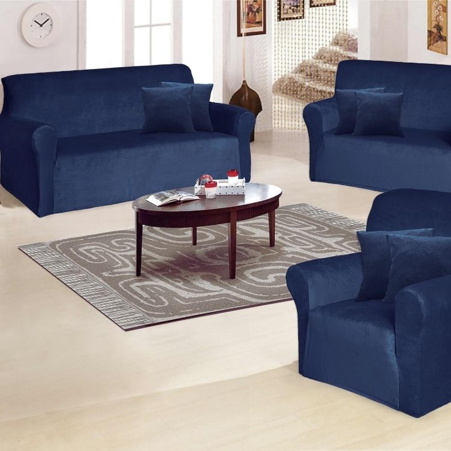 FUNDA DE MUEBLE 3-2-1 EN TERCIOPELO LISO CON 6 FUNDAS DE COJINES - AZUL NOCHE - 1