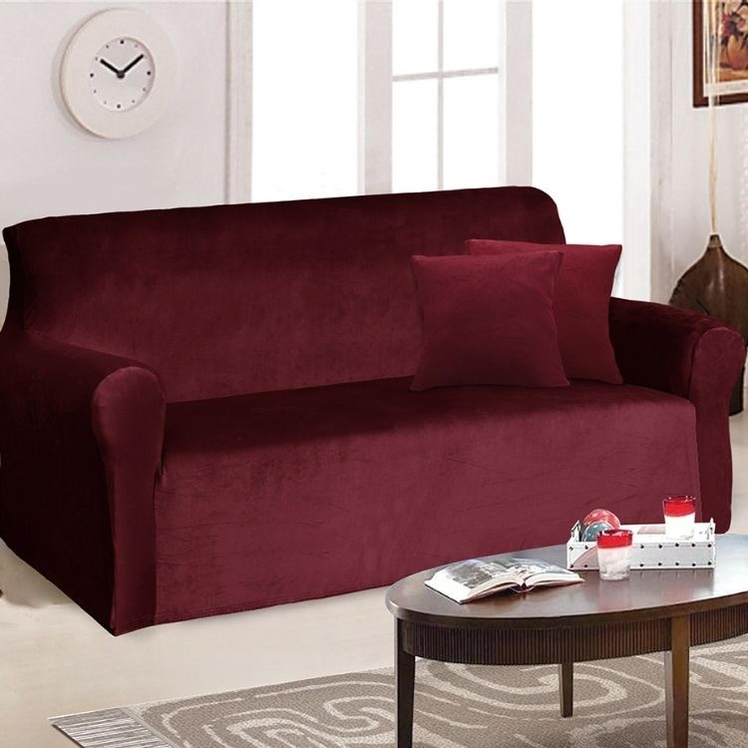 FUNDA DE MUEBLE 3-2-1 EN TERCIOPELO LISO CON 6 FUNDAS DE COJINES - GUINDA - 3