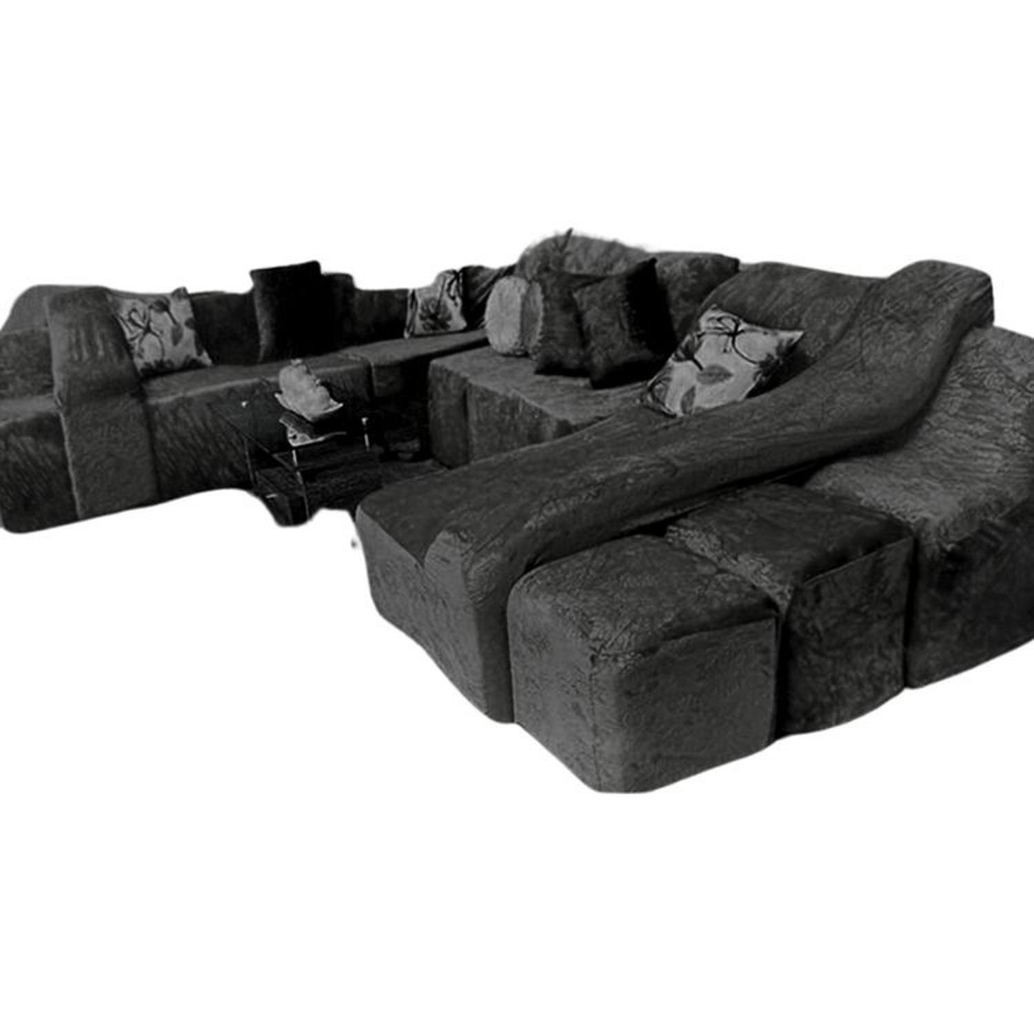 FUNDA DE SOFÁ CAMA 9 PIEZAS TERCIOPELO LISO CON 6 FUNDAS COJÍN - NEGRO - 1