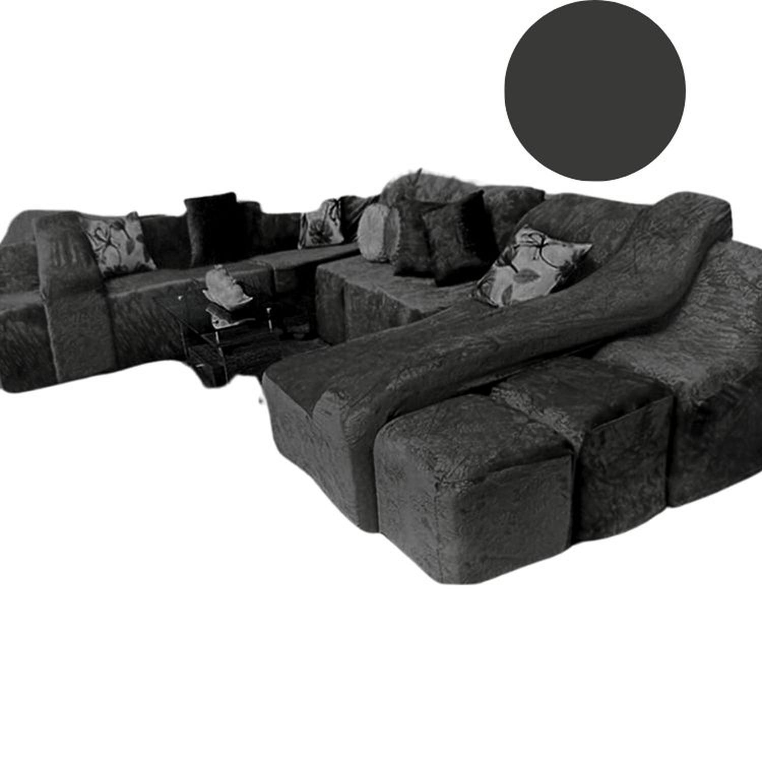 FUNDA DE SOFÁ CAMA 9 PIEZAS TERCIOPELO LISO CON 6 FUNDAS COJÍN - NEGRO - 3