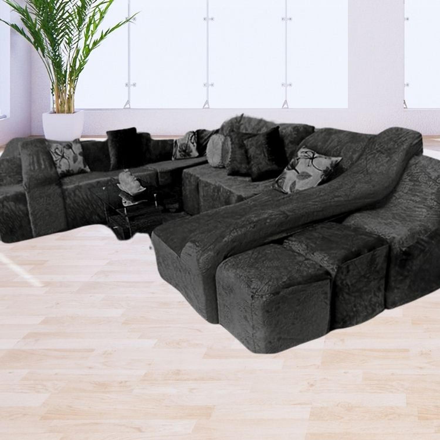 FUNDA DE SOFÁ CAMA 9 PIEZAS TERCIOPELO LISO CON 6 FUNDAS COJÍN - NEGRO - 4