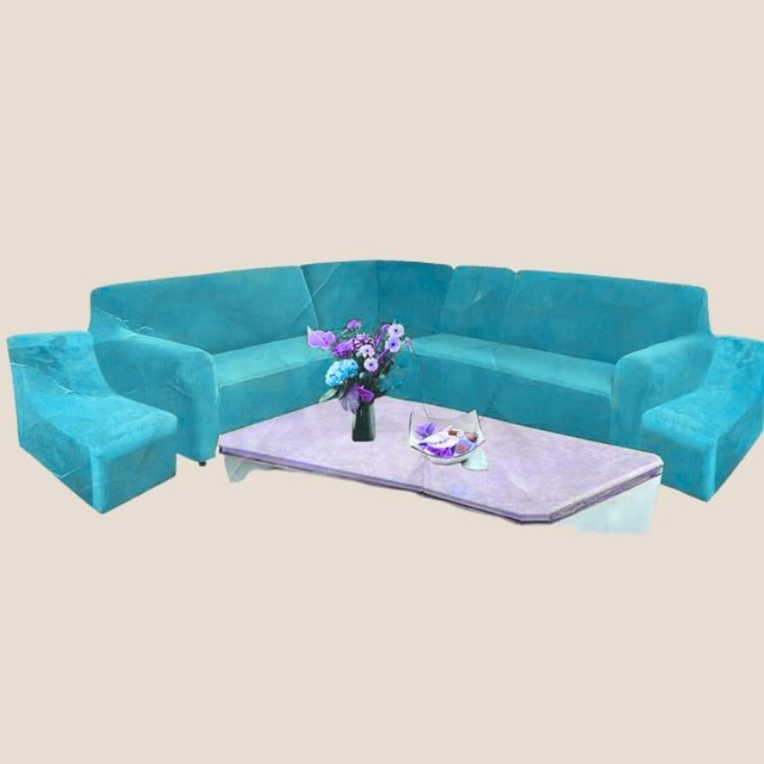 FUNDA DE MUEBLE MODULAR 6 PZS TERCIOPELO LISO CON 6 FUNDAS DE COJINES - TURQUESA - 2