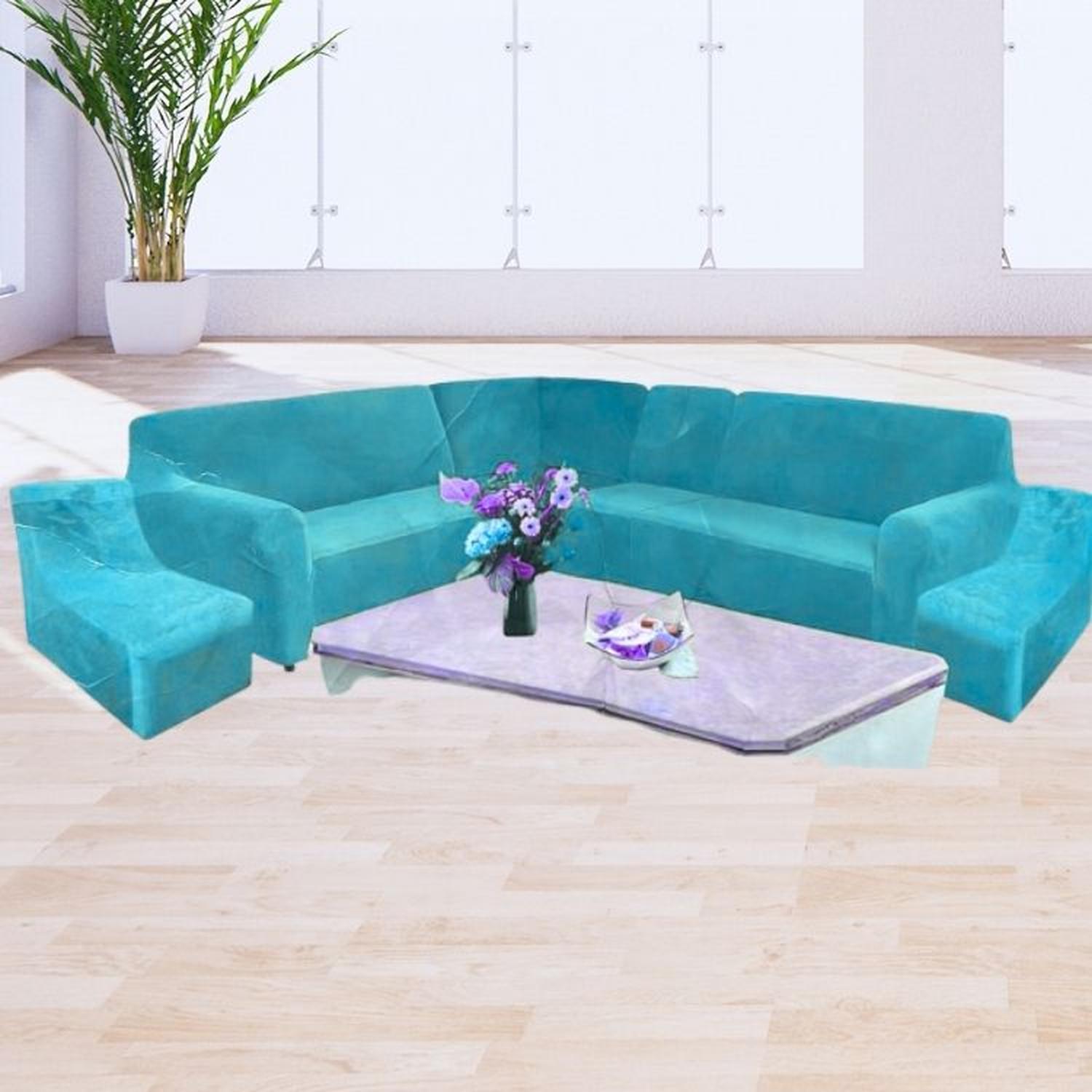 FUNDA DE MUEBLE MODULAR 6 PZS TERCIOPELO LISO CON 6 FUNDAS DE COJINES - TURQUESA - 4