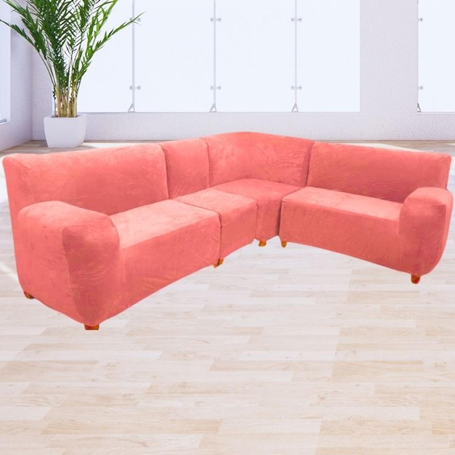 FUNDA DE MUEBLE MODULAR 4 PZS TERCIOPELO LISO CON 6 FUNDAS DE COJINES - ROSA - 3