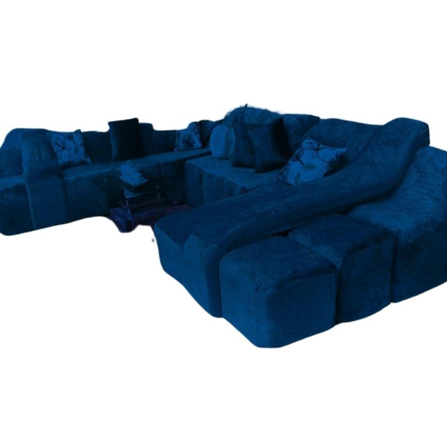 FUNDA DE SOFÁ CAMA 9 PIEZAS TERCIOPELO LISO CON 6 FUNDAS COJÍN - AZUL NOCHE - 1