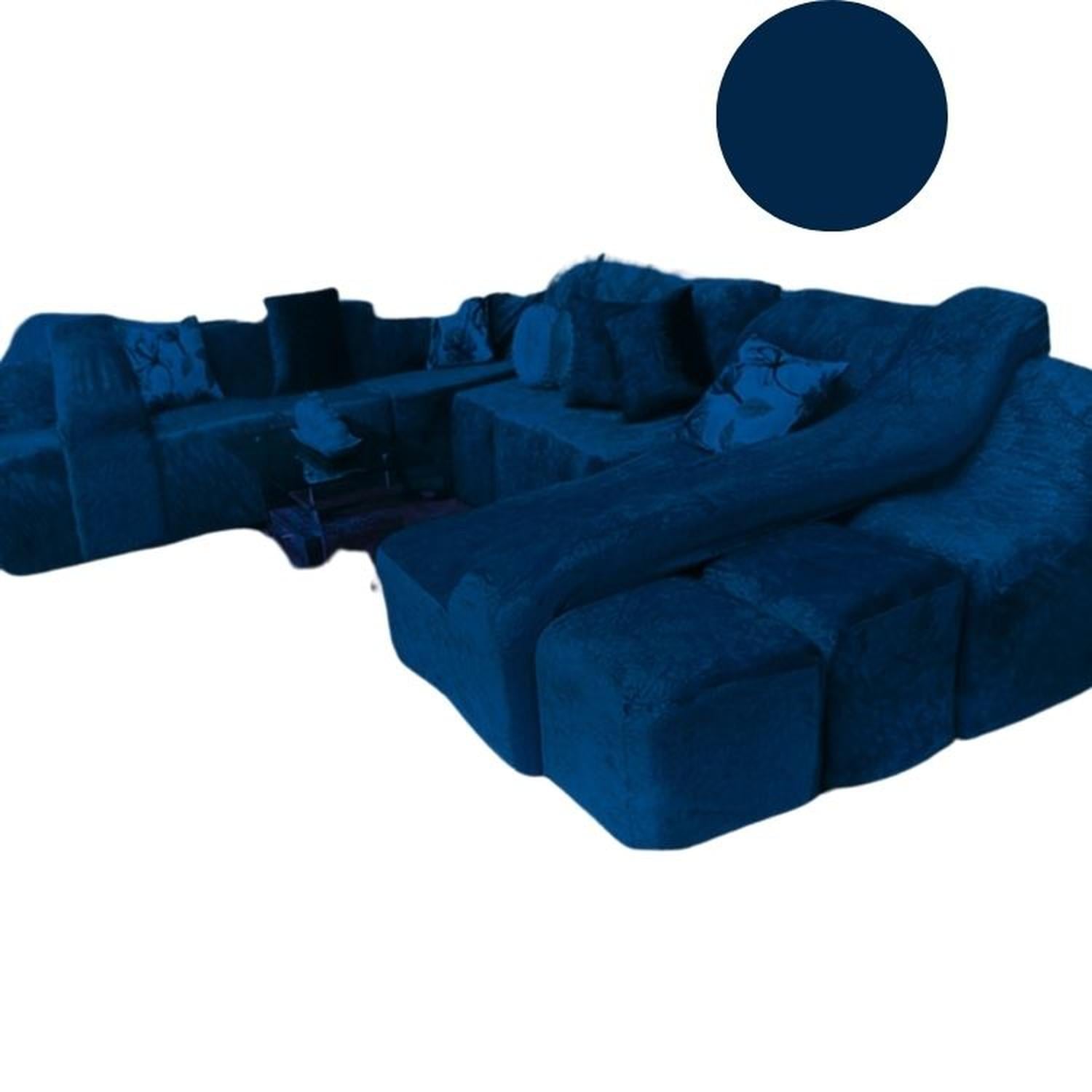 FUNDA DE SOFÁ CAMA 9 PIEZAS TERCIOPELO LISO CON 6 FUNDAS COJÍN - AZUL NOCHE - 3