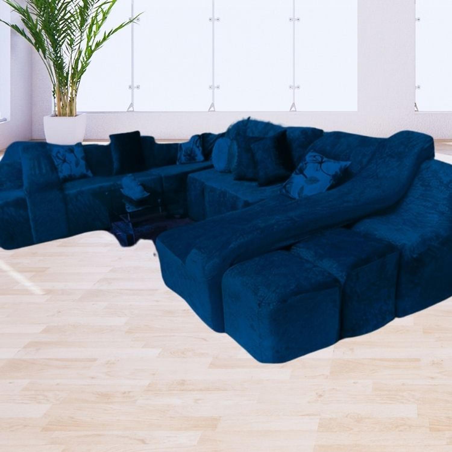 FUNDA DE SOFÁ CAMA 9 PIEZAS TERCIOPELO LISO CON 6 FUNDAS COJÍN - AZUL NOCHE - 4