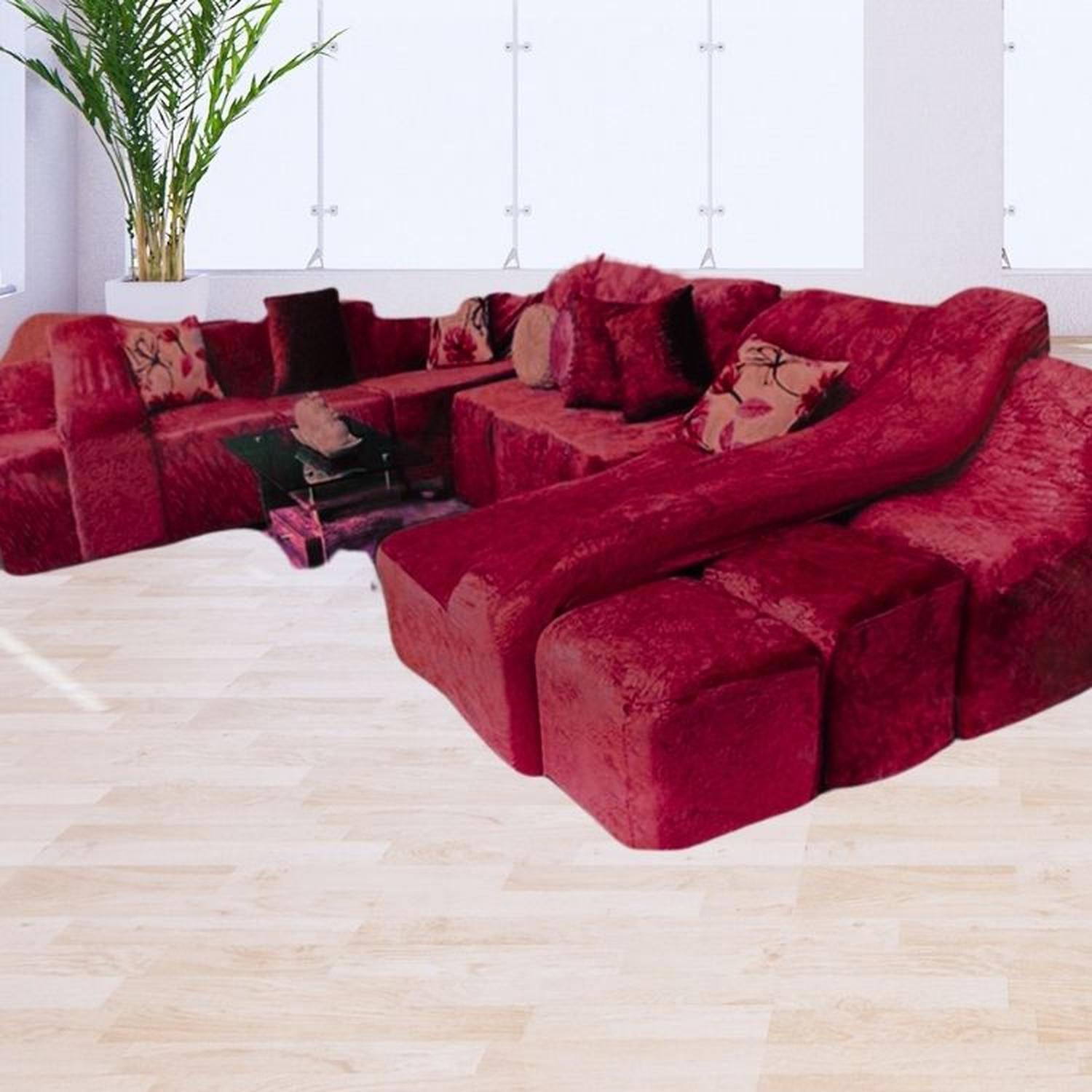 FUNDA DE SOFÁ CAMA 9 PIEZAS TERCIOPELO LISO CON 6 FUNDAS COJÍN - GUINDA - 4