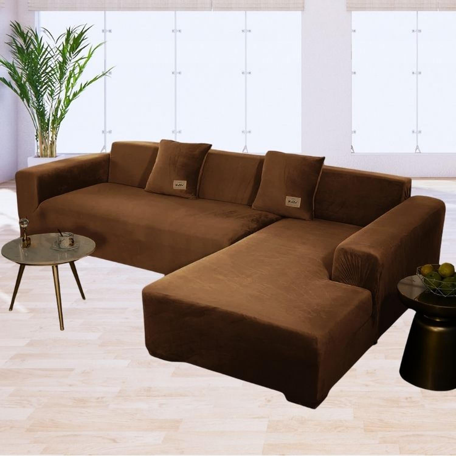 FUNDA DE MUEBLE MODULAR SOFÁ CAMA 2 PIEZAS TERCIOPELO LISO CON 2 FUNDAS DE COJINES - CHOCOLATE - 4