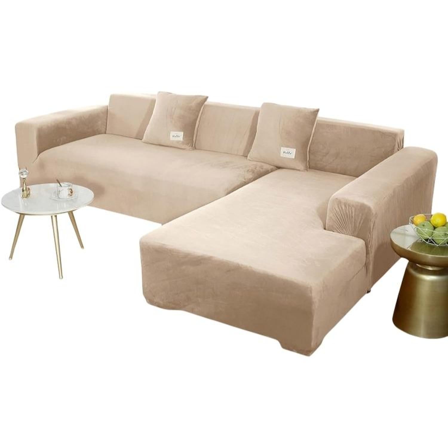 FUNDA DE MUEBLE MODULAR SOFÁ CAMA 2 PIEZAS TERCIOPELO LISO CON 2 FUNDAS DE COJINES - BEIGE - 1