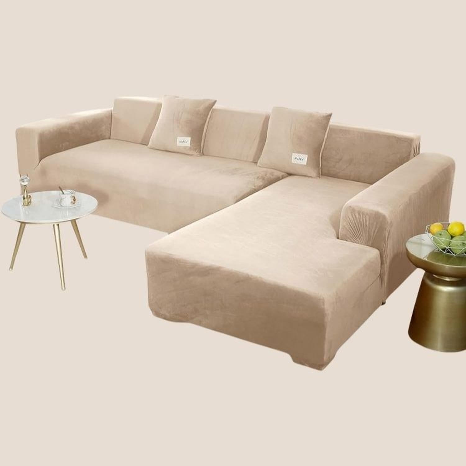 FUNDA DE MUEBLE MODULAR SOFÁ CAMA 2 PIEZAS TERCIOPELO LISO CON 2 FUNDAS DE COJINES - BEIGE - 2