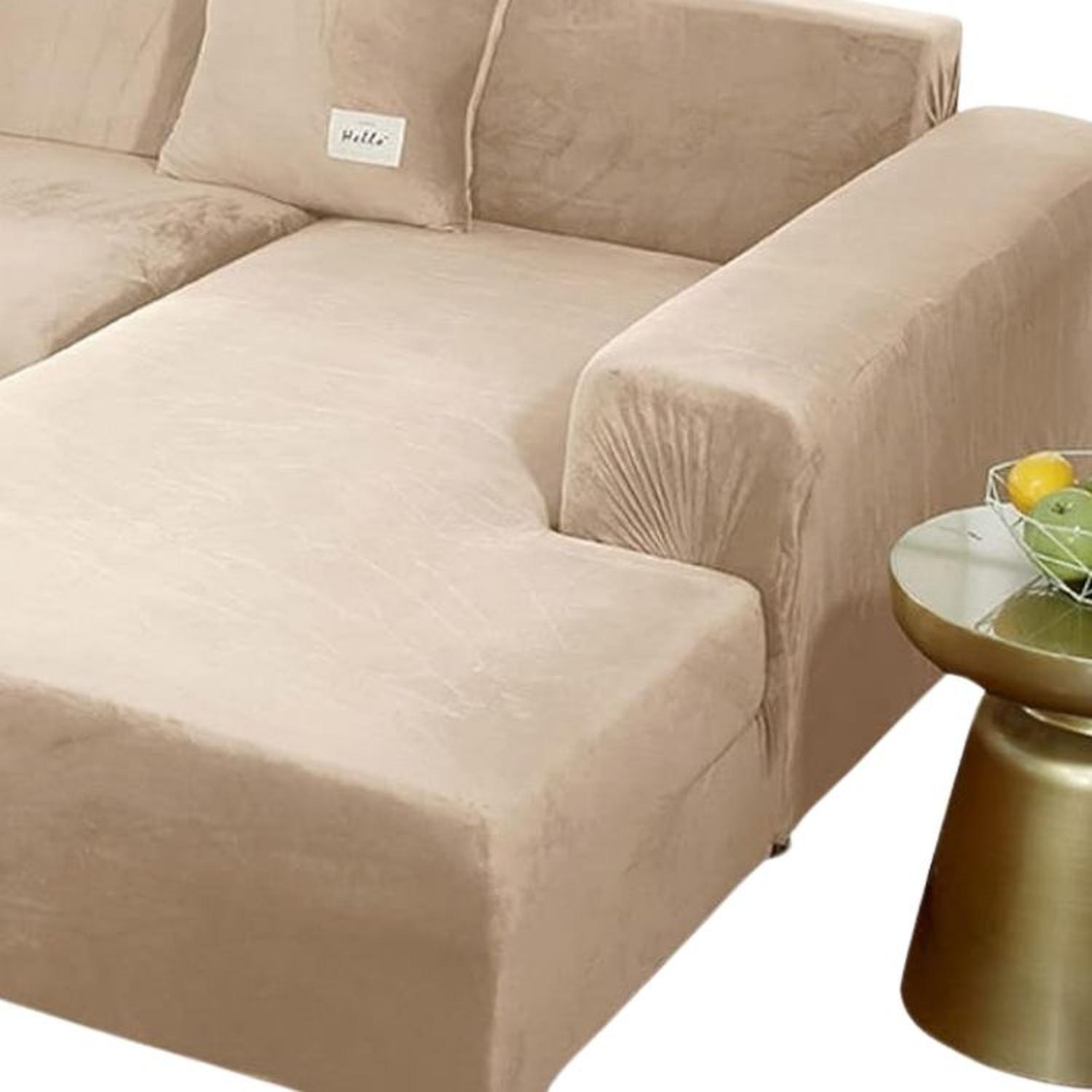 FUNDA DE MUEBLE MODULAR SOFÁ CAMA 2 PIEZAS TERCIOPELO LISO CON 2 FUNDAS DE COJINES - BEIGE - 3