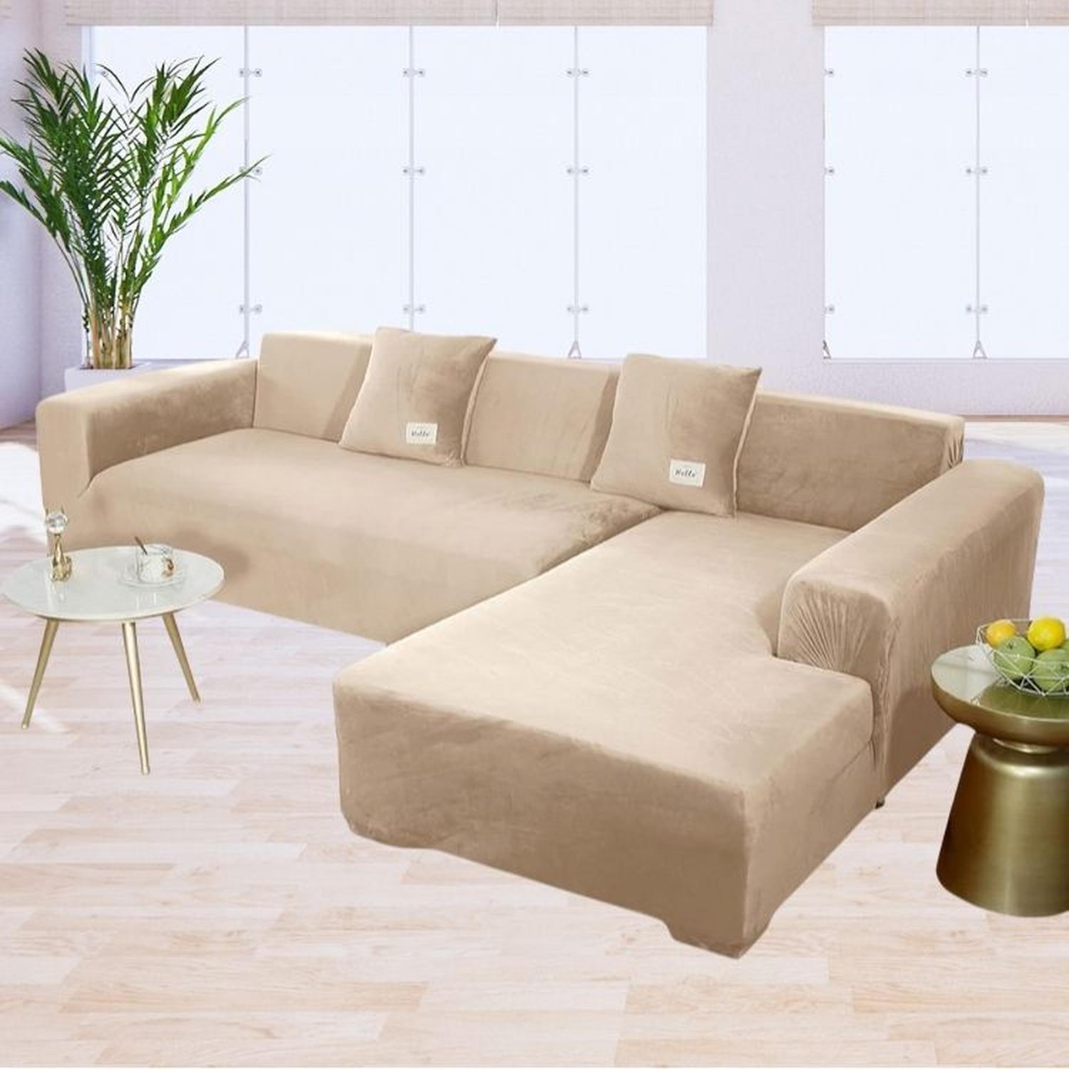 FUNDA DE MUEBLE MODULAR SOFÁ CAMA 2 PIEZAS TERCIOPELO LISO CON 2 FUNDAS DE COJINES - BEIGE - 4