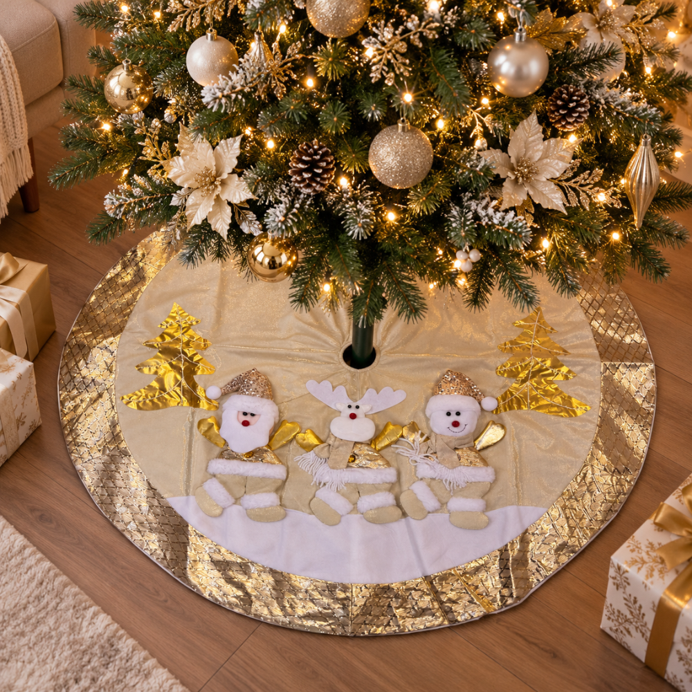 PISO DE ÁRBOL NAVIDEÑO 3 MUÑECOS CREMA Y DORADO - 2