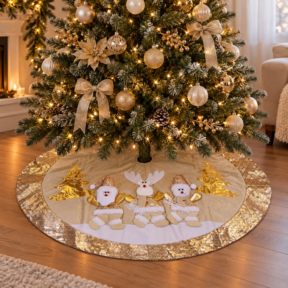 PISO DE ÁRBOL NAVIDEÑO 3 MUÑECOS CREMA Y DORADO - 4