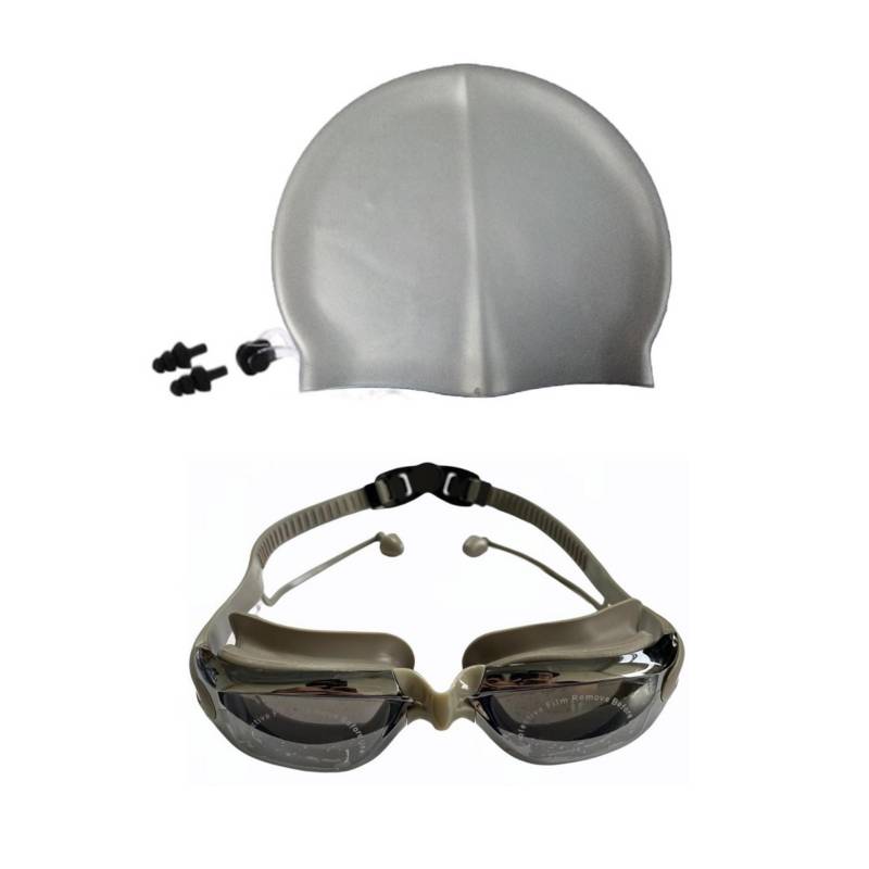 LENTES NATACIÓN GRISES HD PROTECCIÓN UV Y GORRO DE SILICONA - 1